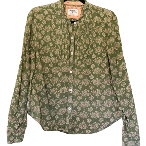 Holding Horses Anthro Boho Pleated Shirt Floral Green - Picture 1 of 7